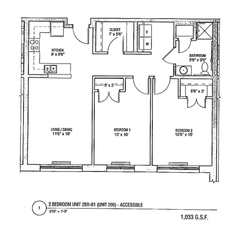 Floor plan for 2 beds, 1 bath, 1078 sqft